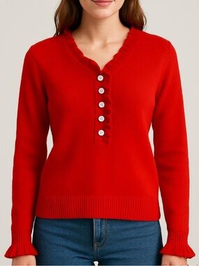 Valentine’s fluffy red sweater ruffle & button detailing ruffled cuffs sz medium